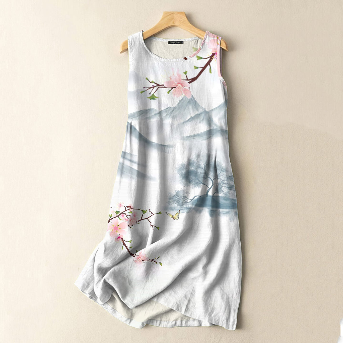 Comstylish Vintage Japanese Ink Flower Art Print Sleeveless Cotton And Linen Midi Dress