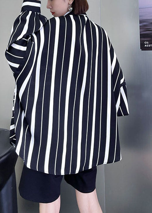 Unique Black White Striped Asymmetrical Design Fall Blouses Long Sleeve