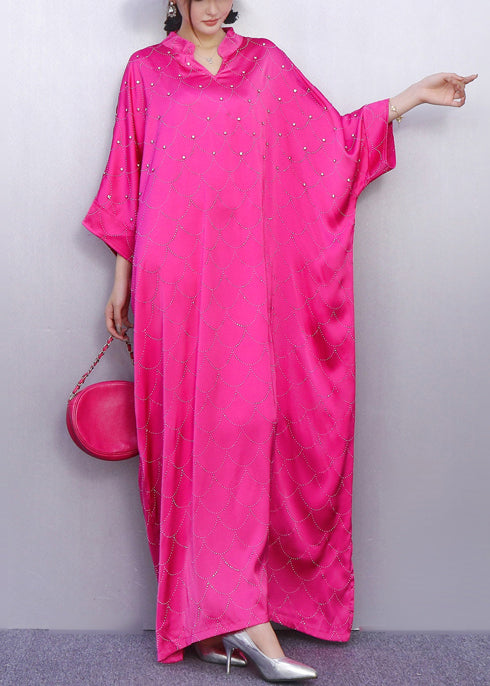 Rose Print Rhinestone Silk Vacation Dresses Batwing Sleeve