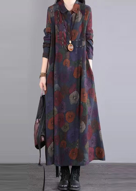 Purple Peter Pan Collar Patchwork Cotton Maxi Dresses Fall