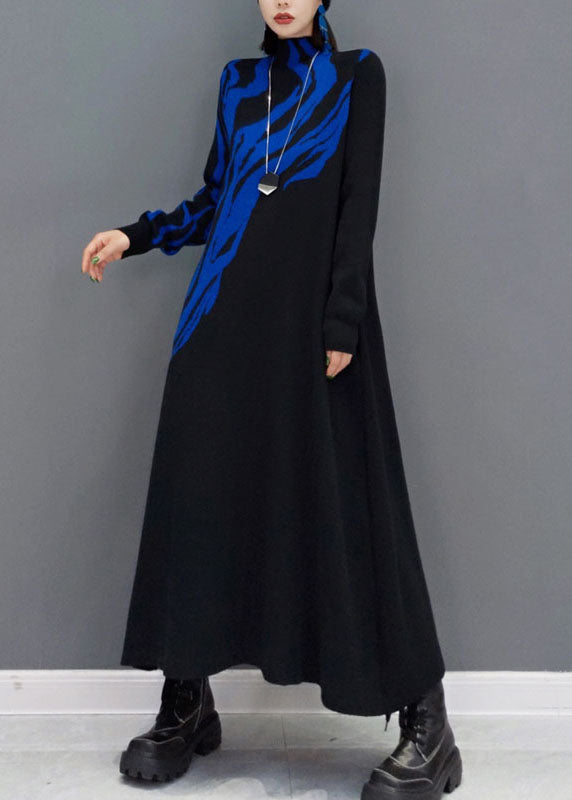 Blue Turtle Neck Knit Long Dress Spring
