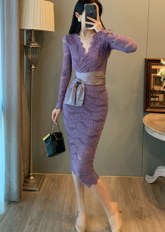 Lavender V Neck Tie Waist Lace Party Dresses Summer