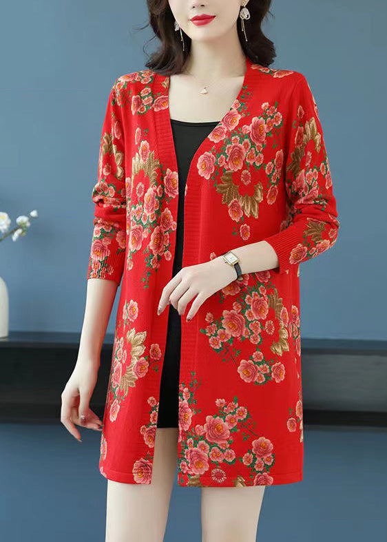 Red V Neck Print Wool Knit Cardigan Long Sleeve