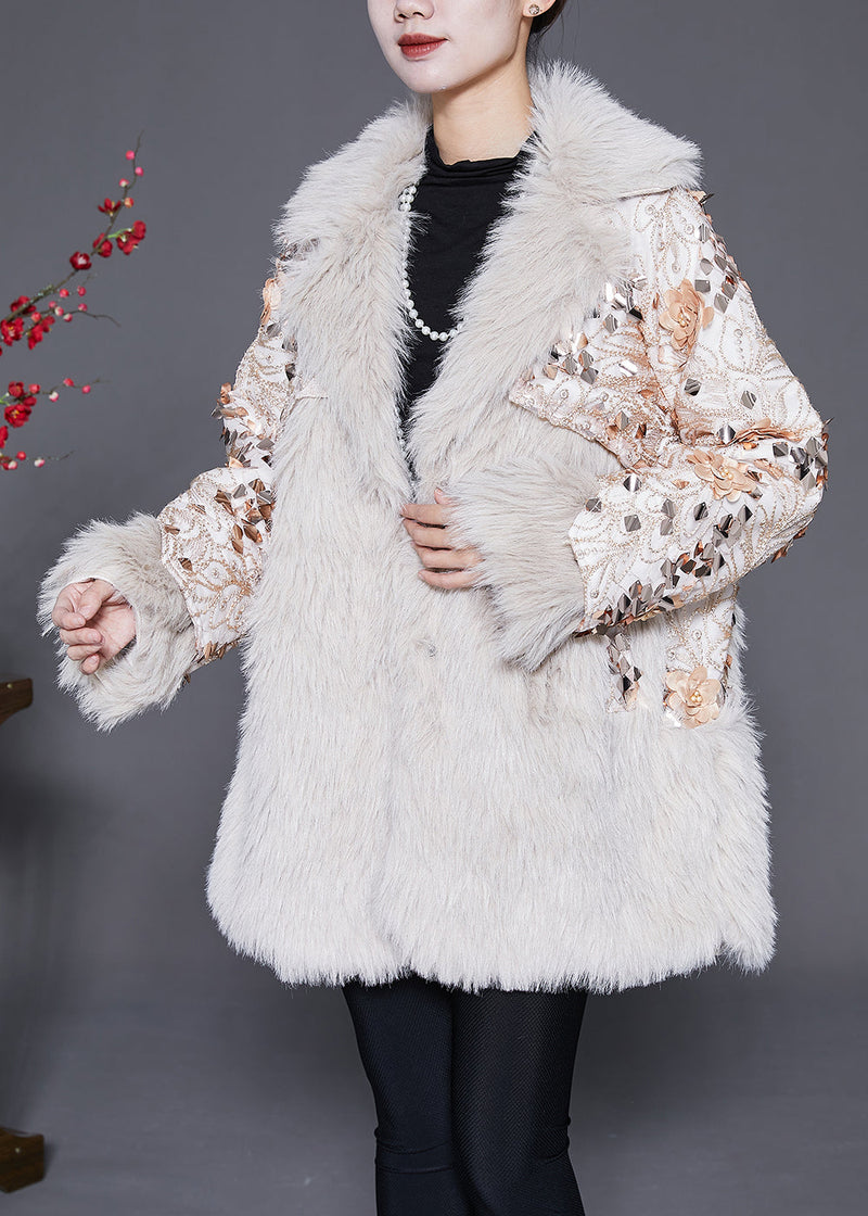 Italian Beige Patchwork Faux Fur Coat Winter