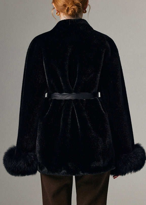 Classy Black Notched Pockets Tie Waist Fox Leather and Fur Coat Winter