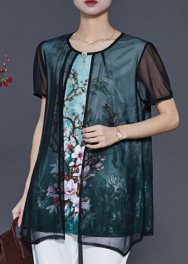 Green Flower Tulle Fake Two Piece Shirt Tops Summer