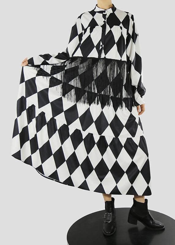 Loose Black Stand Collar Tassel Print Shirt Dress Spring