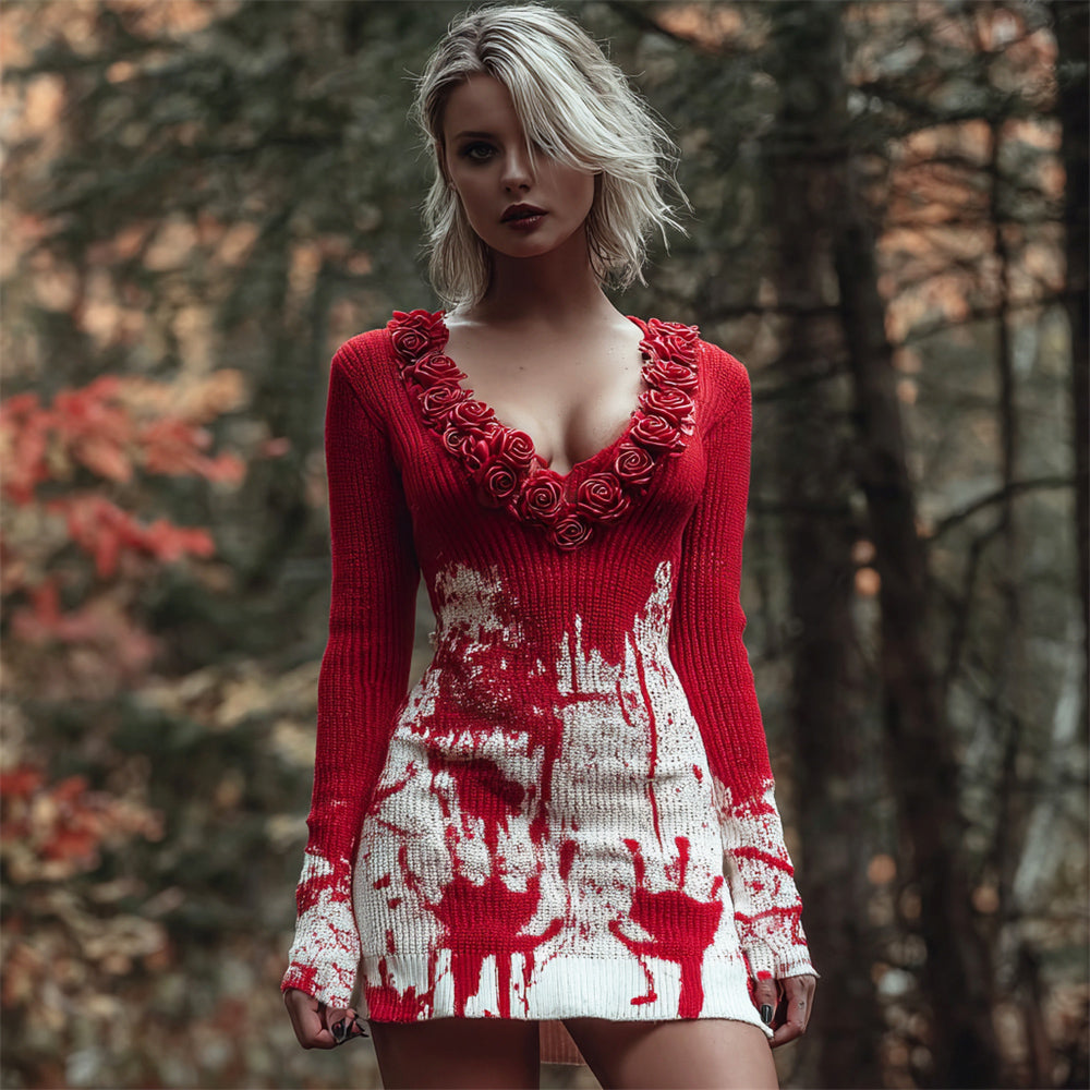 Halloween Blood Handprint & Rose Art Women's Knit V-neck Mini Dress artswardrobe
