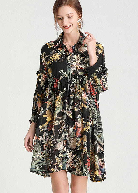 Organic Black Print Button Fall Long Sleeve Dresses