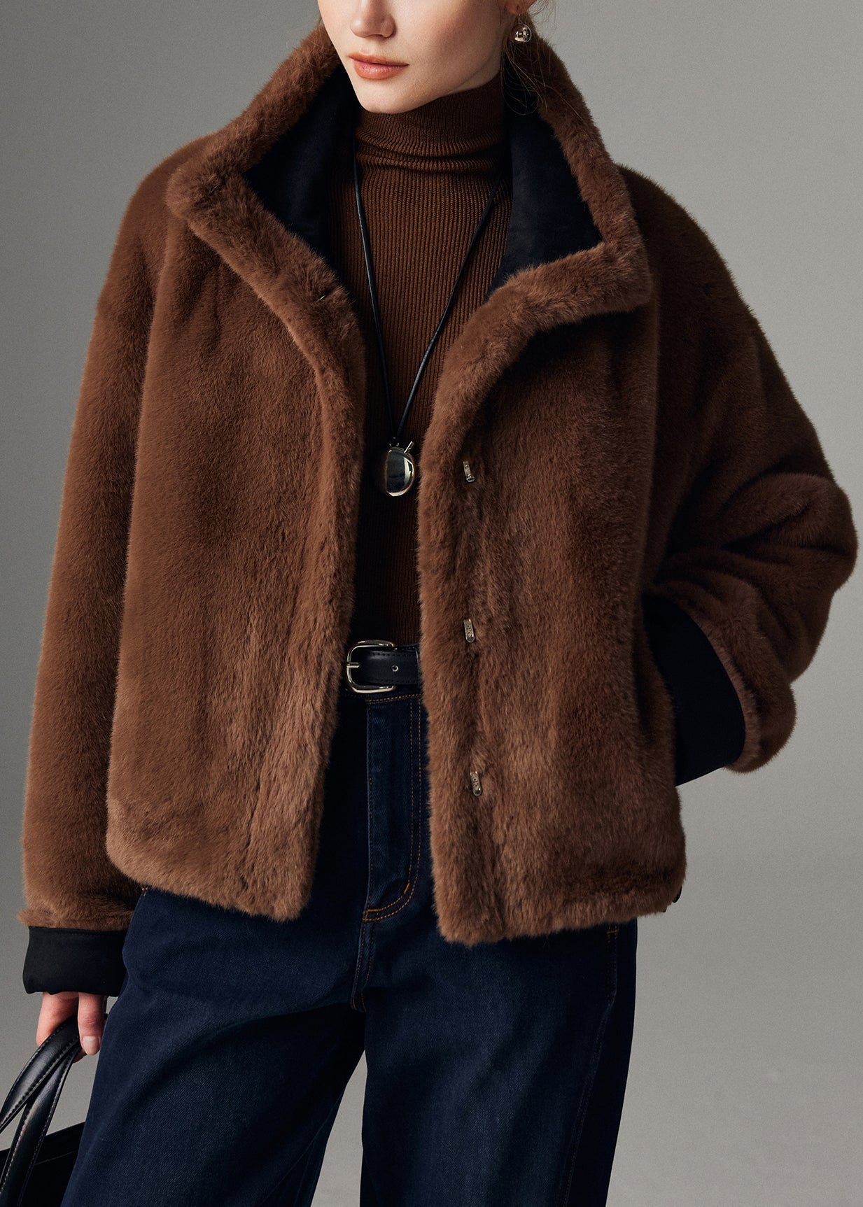 Brown Wear on Both Sides Pockets Faux Suede Coats Stand Collar