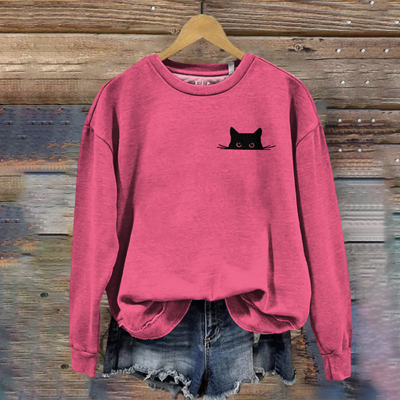 Women's Embroidered Black Cat Print Sweatshirt elevenforest