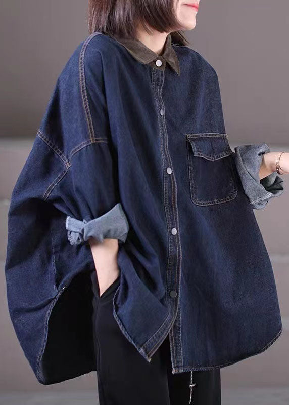 Navy Peter Pan Collar Patchwork Button Cozy Denim Shirts Fall