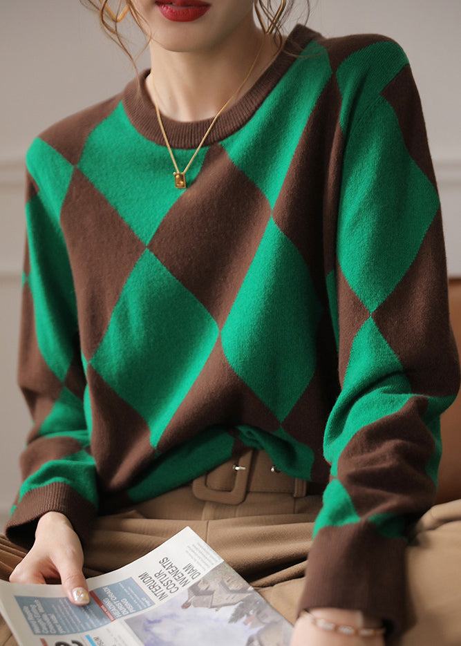 Unique Green Plaid O-neck Patchwork Thick Woolen Knit Sweaters Long Sleeve