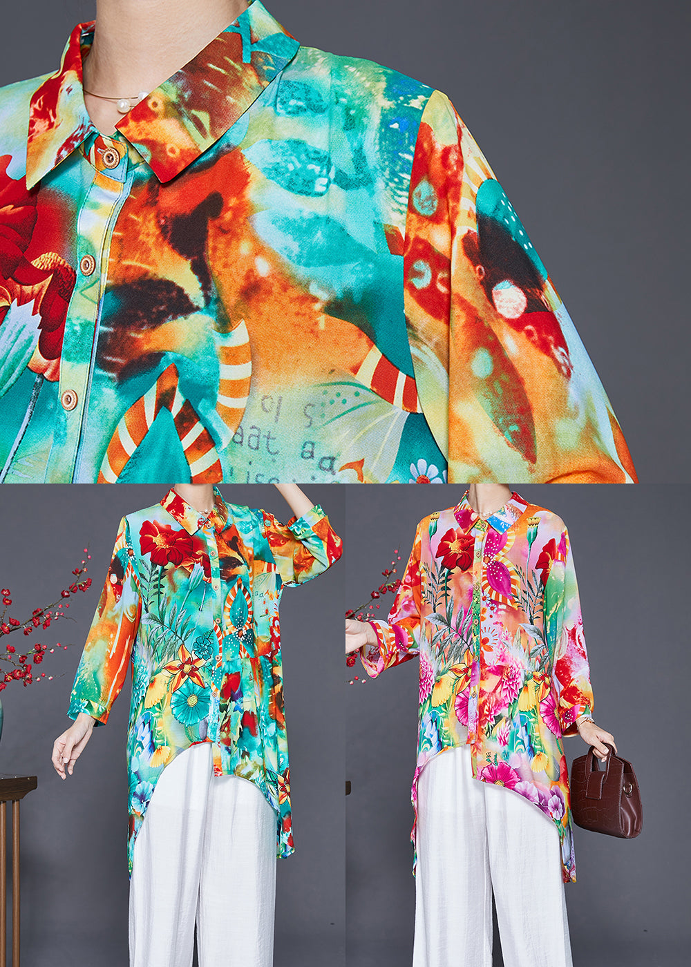 Green Asymmetrical Print Cotton Shirt Top Fall