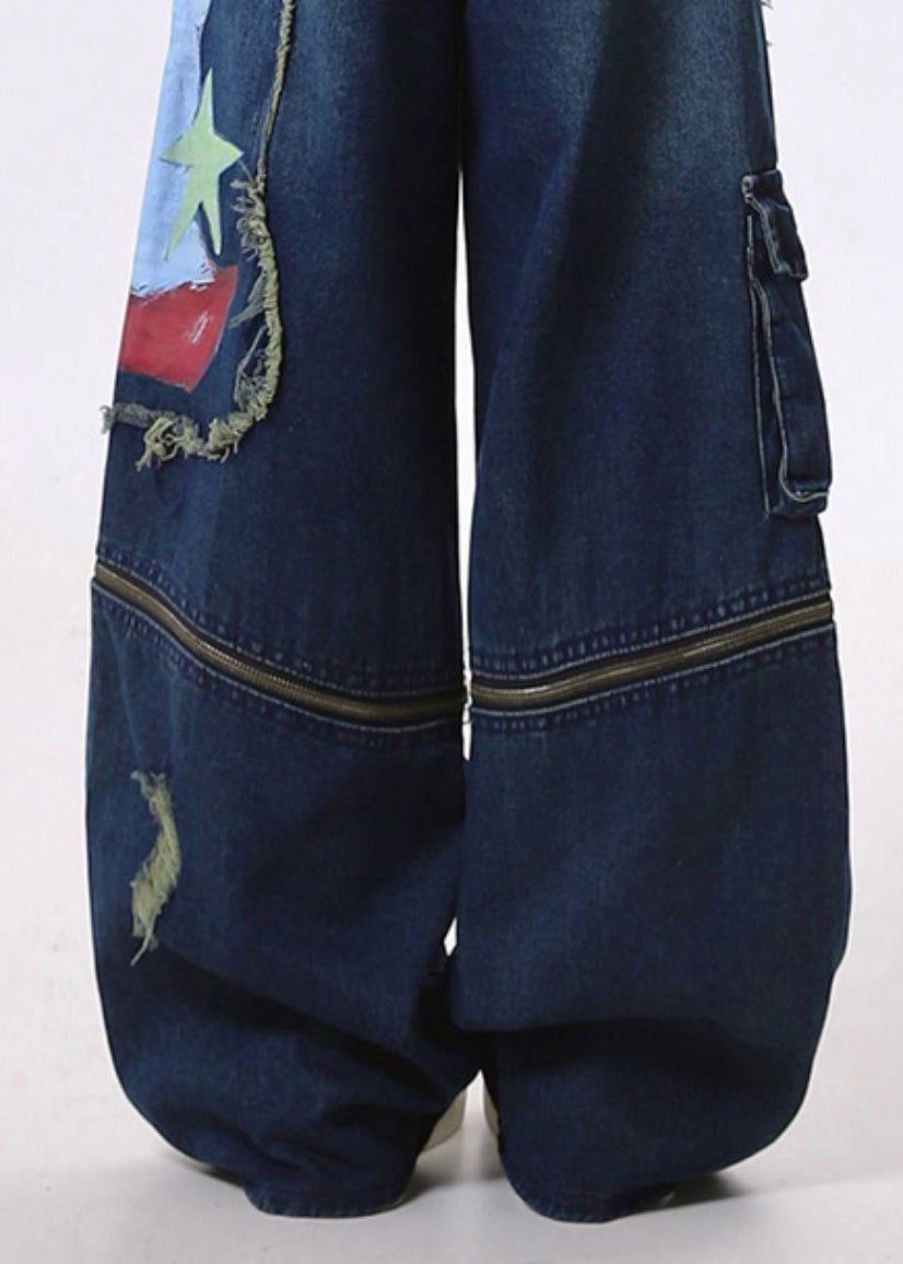 Fitted Navy Patchwork Wear on Both Sides Denim Ripped Pants Spring