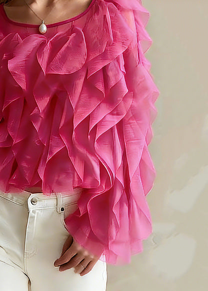 Pink O-neck Ruffled Chiffon Top Spring