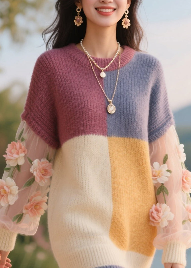Art Colorblock O Neck Tulle Knitwear Dress Fall