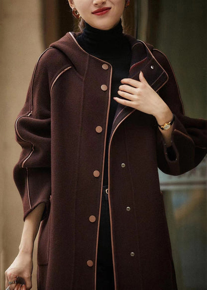 Brown Hooded Button Pockets Woolen Coat Fall