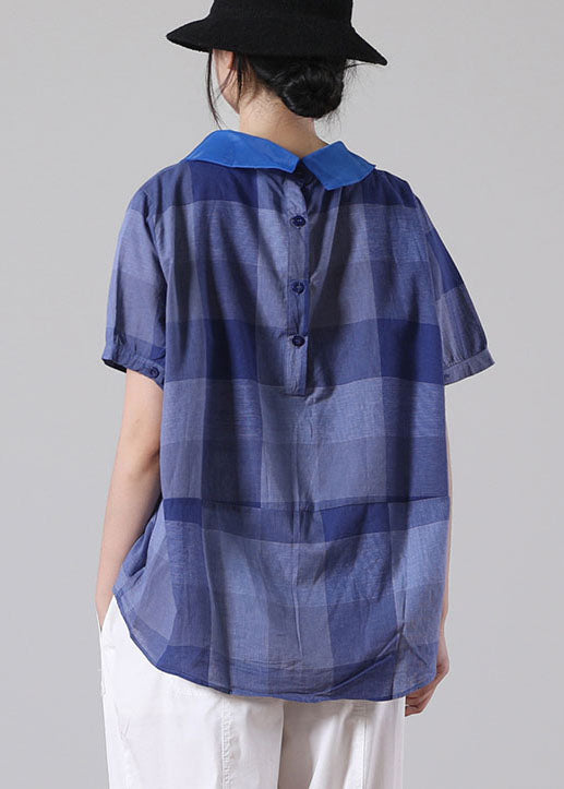 Blue Peter Pan Collar Plaid Patchwork Button Cotton Shirt Top Short Sleeve