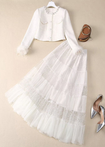 White Sequins Nail Bead Coats and Tulle Maxi Skirt Two Pieces Set Spring