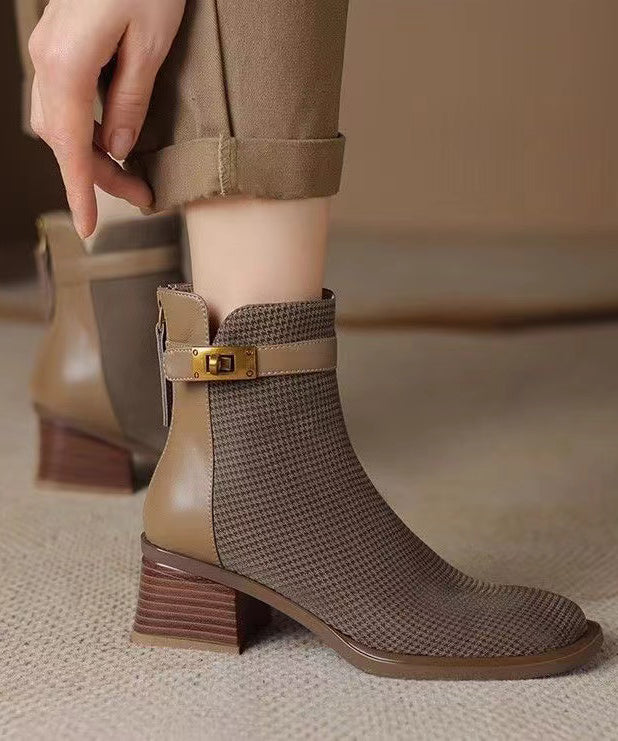 Zippered Splicing Chunky Boots Khaki Cowhide Leather