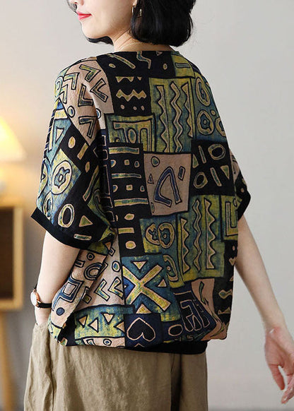 Green V Neck Geometric Print Linen Tanks Short Sleeve