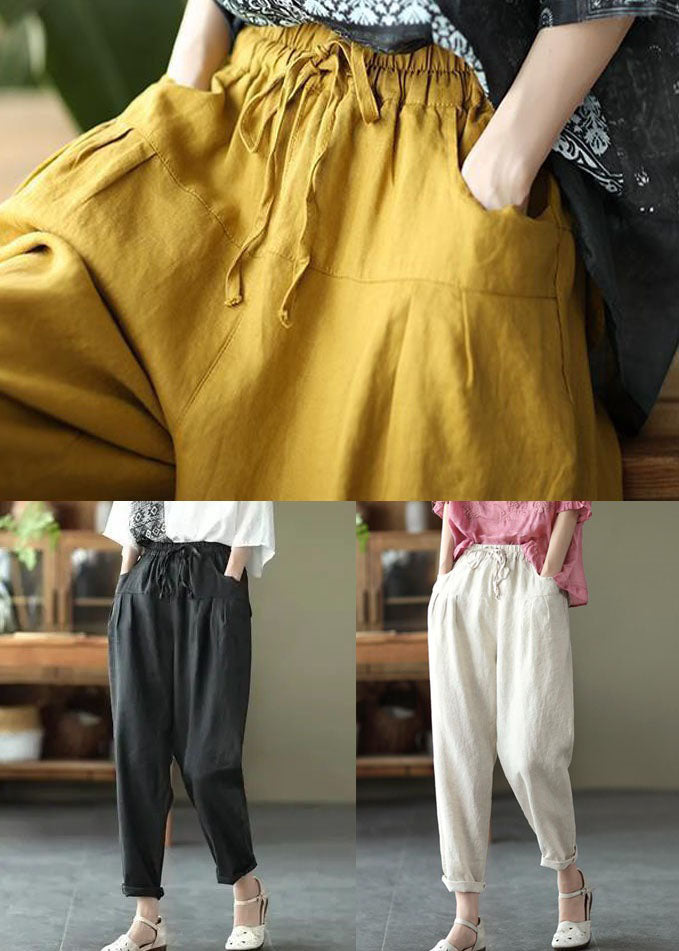 Yellow Pockets Patchwork Elastic Waist Linen Pants Summer