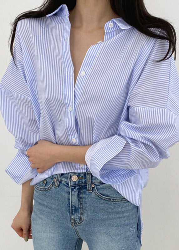 Fine Blue Striped Button Wear on Both Sides Shirt Long Sleeve
