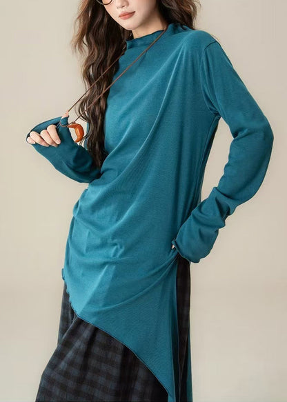 Brown Stand Collar Asymmetrical Cotton Blouses Spring