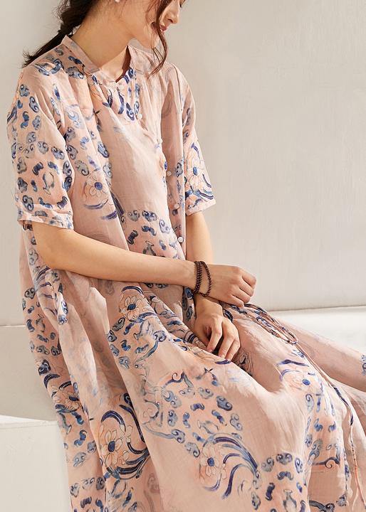 Pink Print Tie Waist Patchwork Summer Ramie Long Dress Short Sleeve