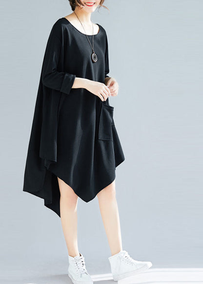 Black Asymmetrical Patchwork Applique Cotton Long Tops Spring