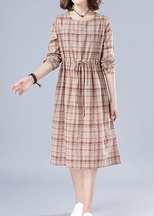 O Neck Drawstring Spring Clothes Ideas Nude Plaid Dresses