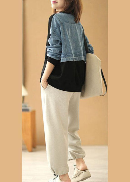 Black Patchwork Denim Print Fall Sweatshirts