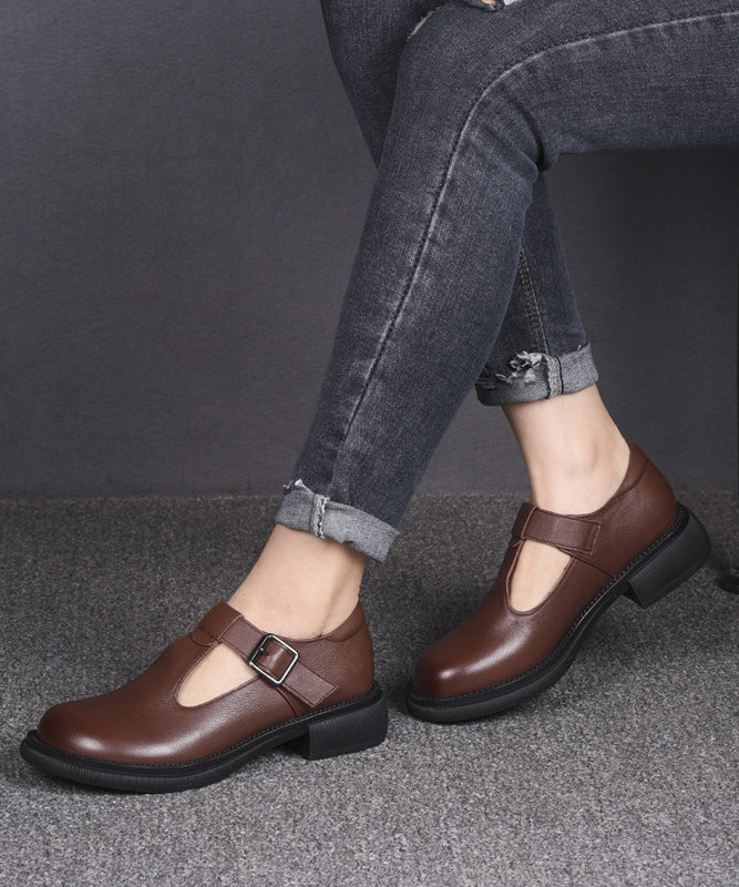Black Cowhide Leather Simple Splicing Buckle Strap Flats