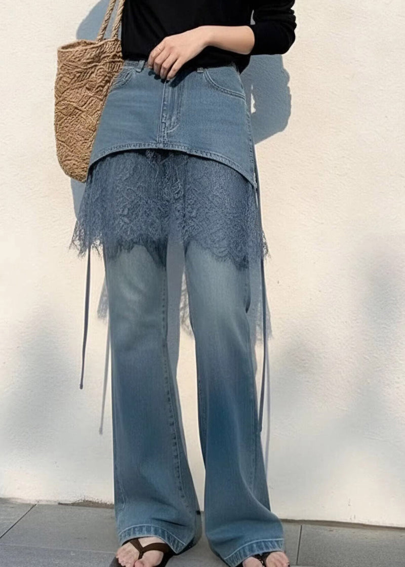 New Blue High Waist Lace Patchwork Straight Jeans Summer