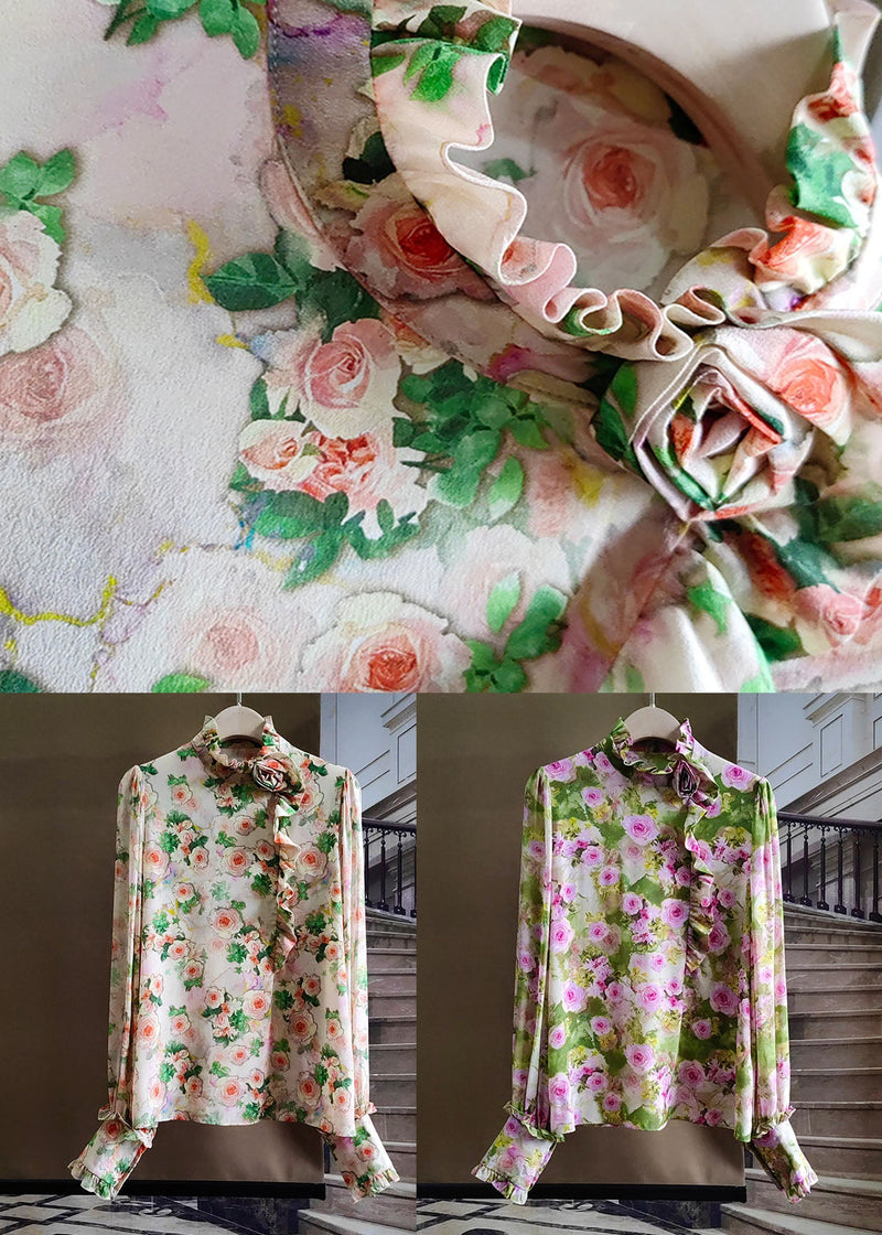 Green Ruffled Rose Print Silk Tops Spring