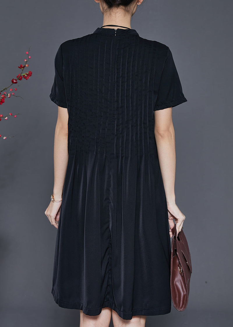 Black Stand Collar Wrinkled Cotton Dress Summer