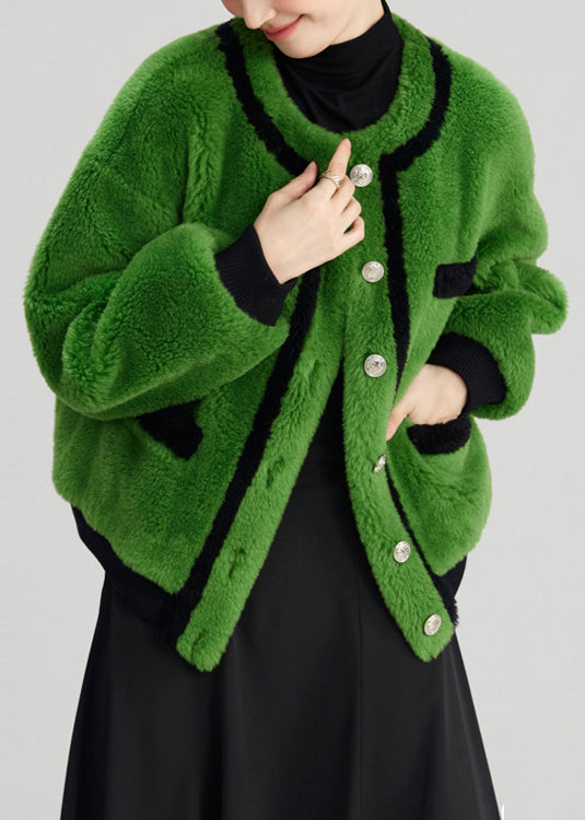 Green Button Pockets Fuzzy Fur Fluffy Coats Long Sleeve