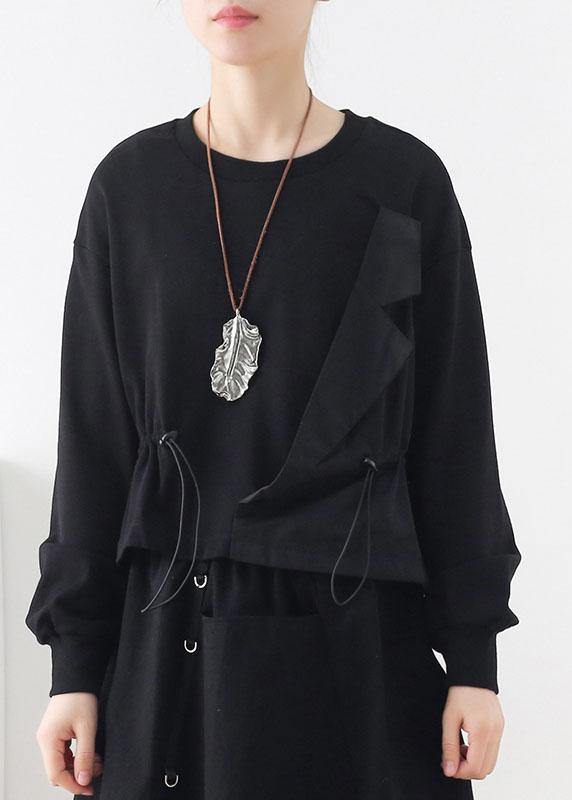 Black O-neck Asymmetrical Design Cinched Sweatshirt