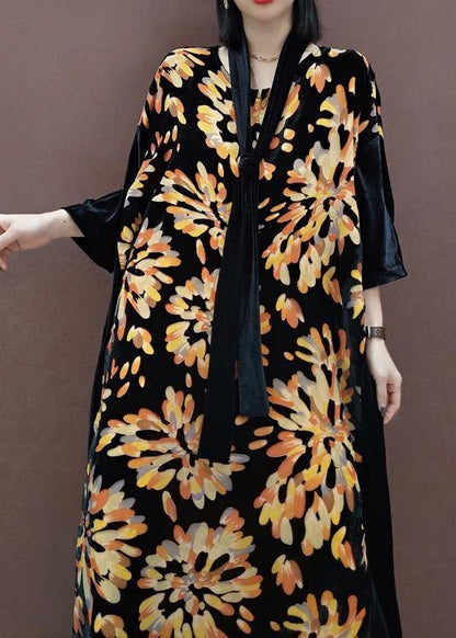 Natural V Neck Patchwork Spring Tunics for Fabrics Black Print Kaftan Dress