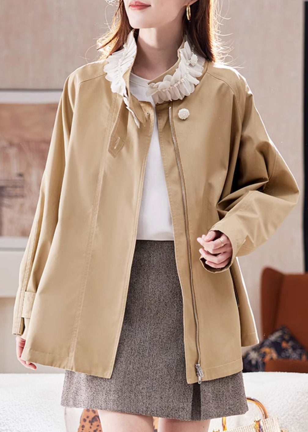 Natural Khaki Stand Collar Nail Bead Patchwork Coat Spring