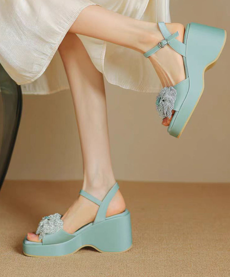 Zircon Bow Splicing Wedge Sandals Blue Cowhide Leather