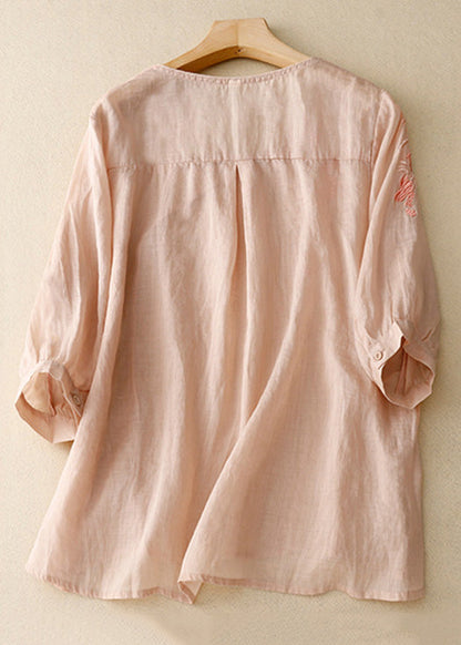 Light Pink Embroideried Side Open Linen Tops Spring