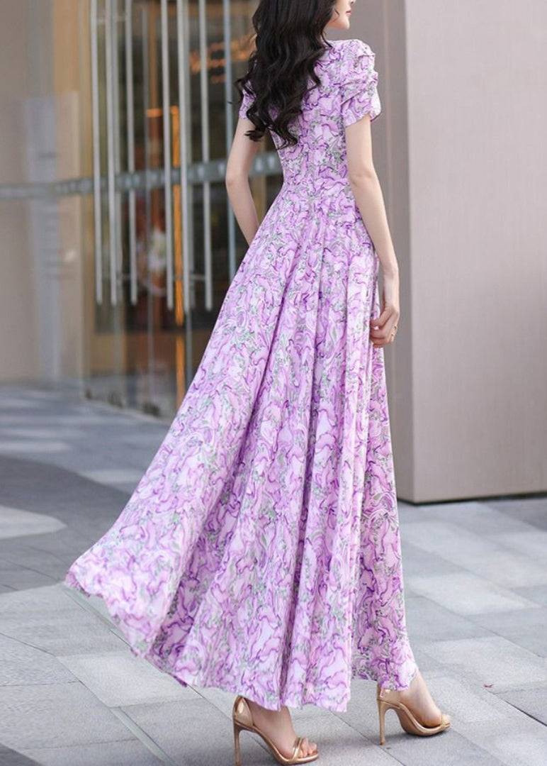 Purple V Neck Print Wrinkled Chiffon Dress Summer