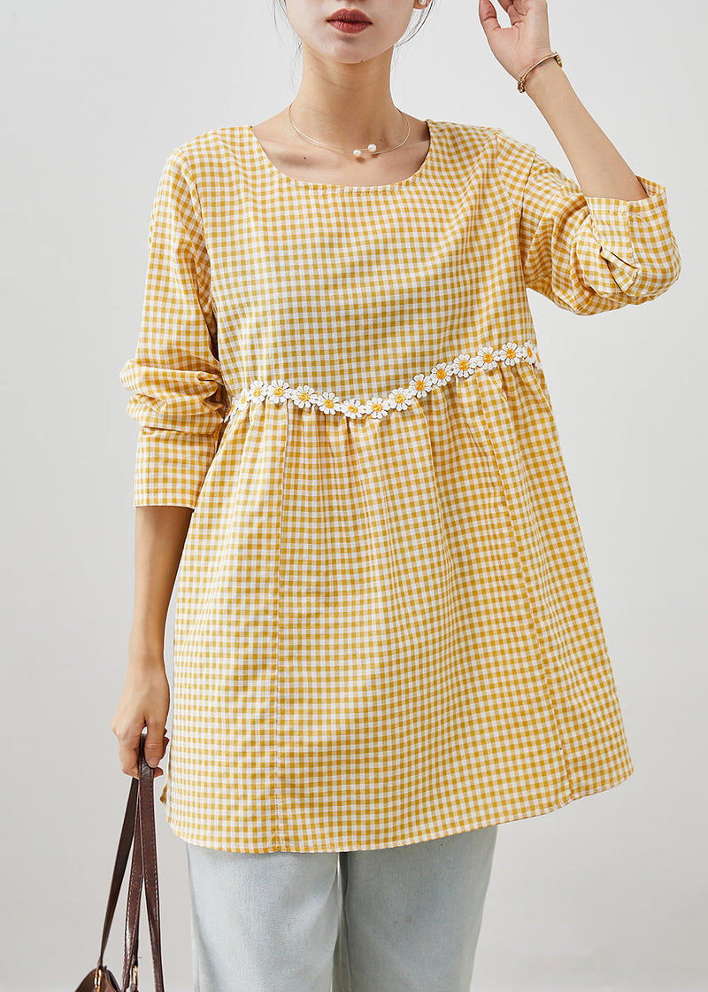 Yellow Plaid Patchwork Daisy Cotton Blouses Fall