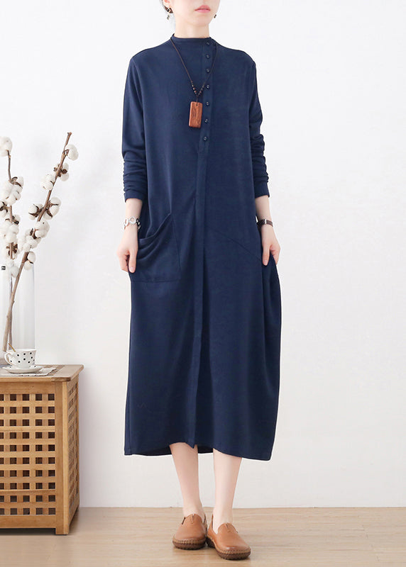 Blue Turtleneck Button Pockets Cotton Knit Dress Long Sleeve