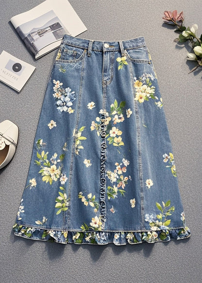 Blue Ruffled Print Denim Skirt Spring