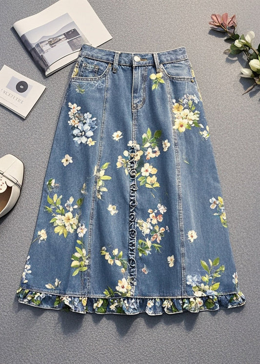 Blue Ruffled Print Denim Skirt Spring