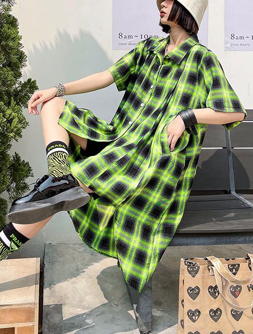 Green Plaid Cotton Buttonlow High Design Summer Maxi Dresses
