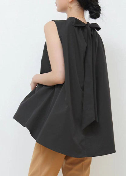 Black Wrinkled Patchwork Bow Cotton Blouses Sleeveless